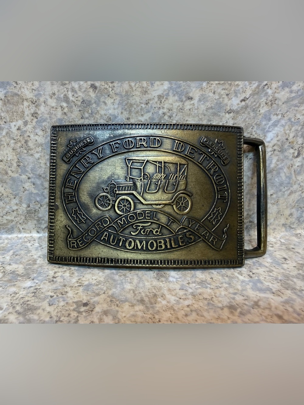 Vintage Henry Ford Detroit Automobiles solid brass belt buckle